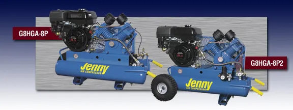 Two blue air compressors with jenny written on them Two blue air compressors with jenny written on them
